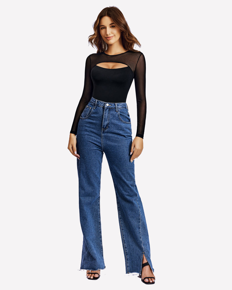 Black long-sleeve mesh bodysuit with chest oval cutout and sheer sleeves