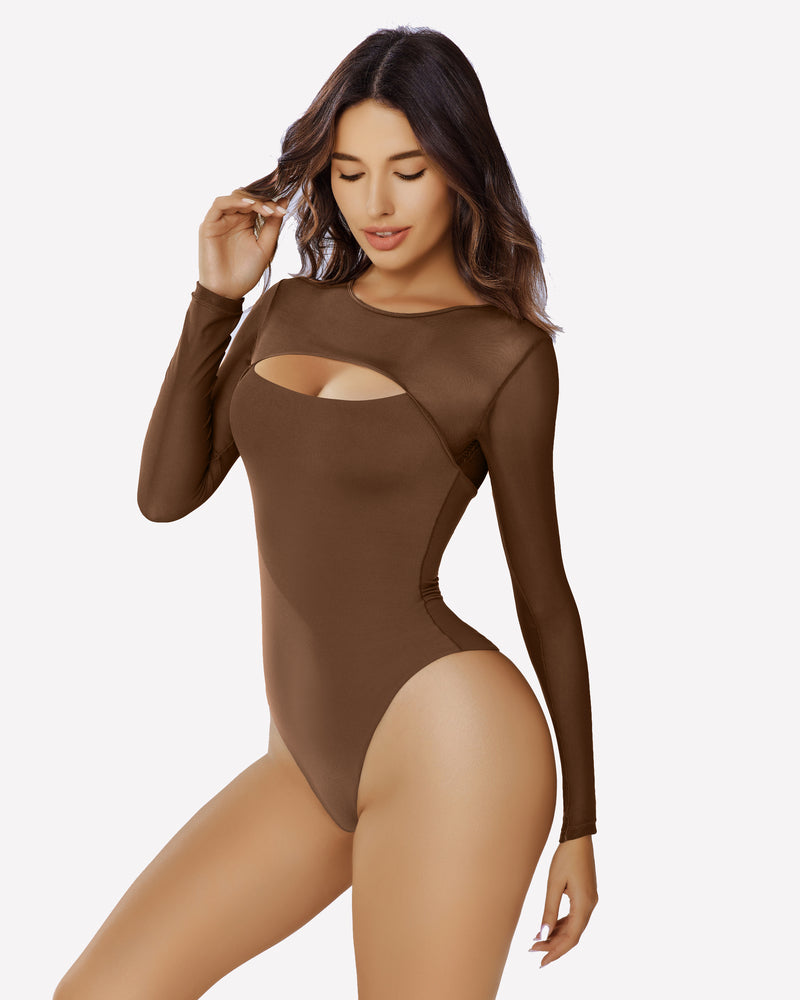 Taupe long-sleeve mesh bodysuit with chest oval cutout, side view