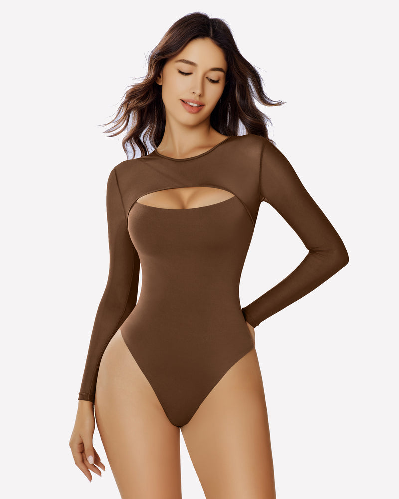 Taupe long-sleeve mesh bodysuit with front oval cutout