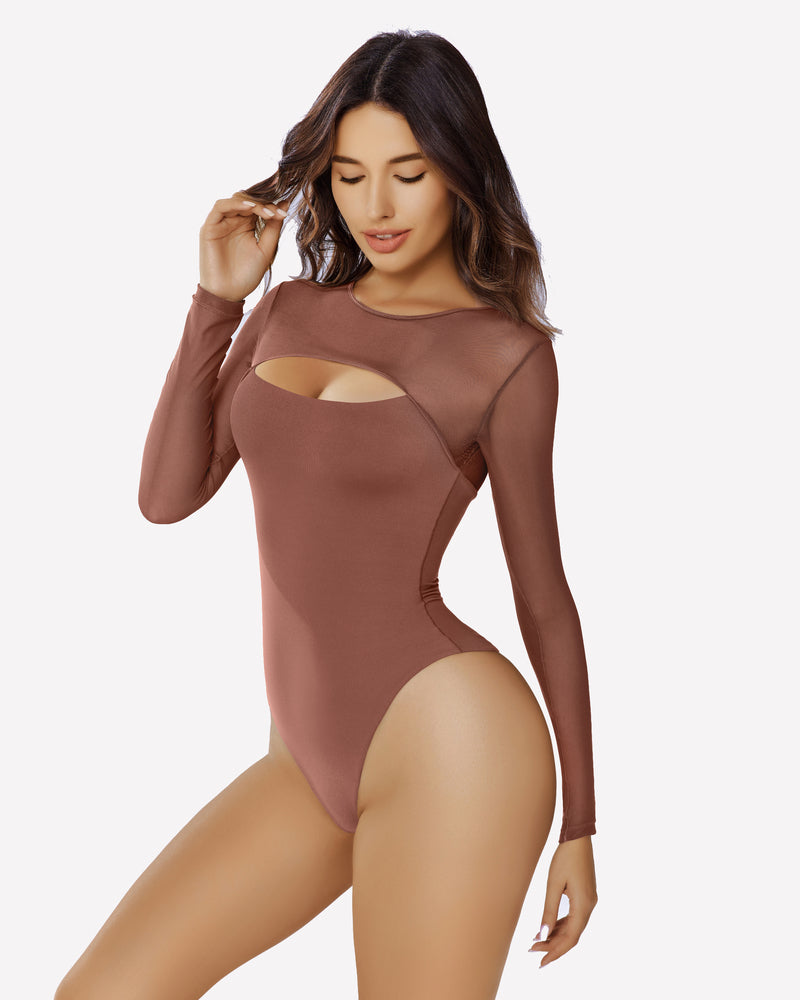 Rose taupe long sleeve mesh cutout bodysuit with side cutout panel