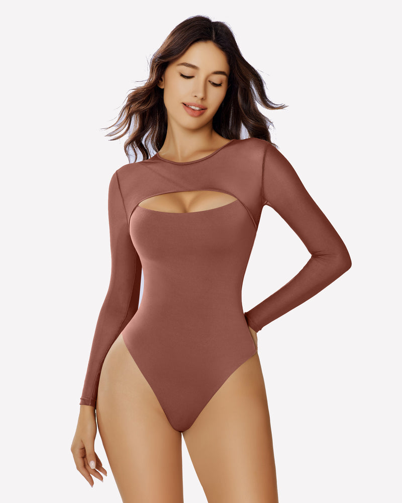Rose taupe long sleeve mesh bodysuit with oval front cutout