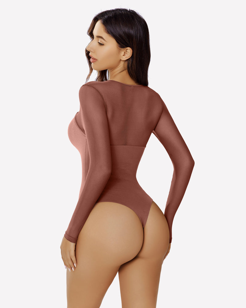 Rose taupe long sleeve mesh bodysuit with open back cutout