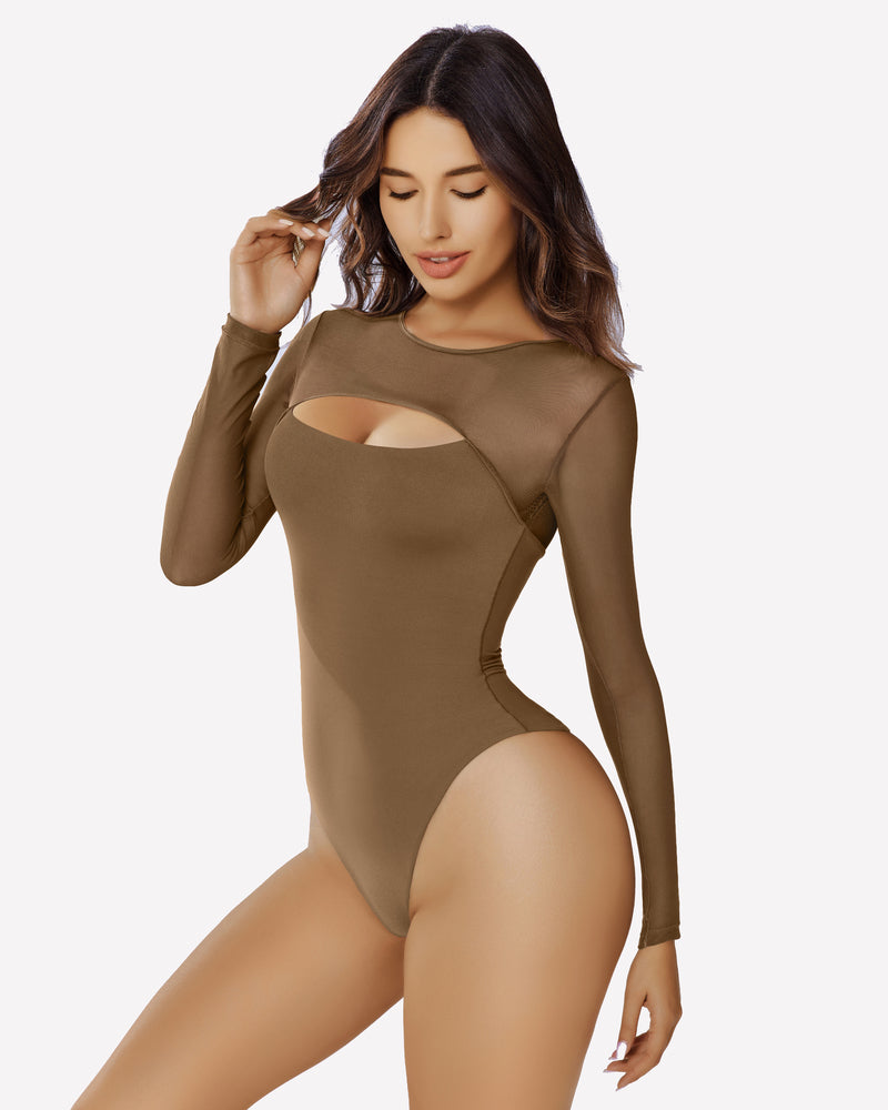 Brown long sleeve mesh cutout bodysuit with oval front opening