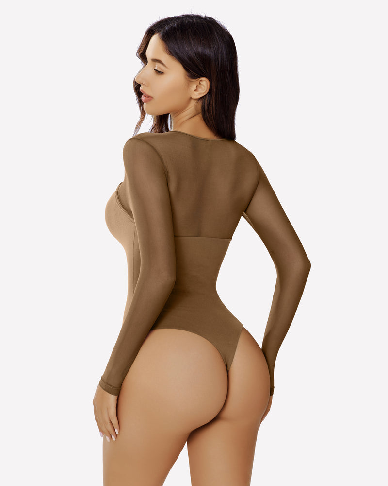 Brown long sleeve mesh bodysuit with open back cutout
