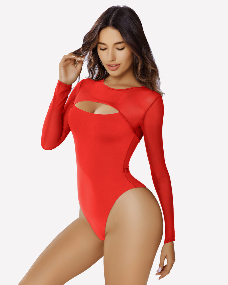 Red long sleeve mesh cutout bodysuit with oval front opening