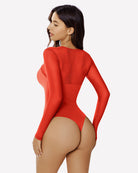 Red long-sleeve bodysuit with back cutout and fitted thong bottom