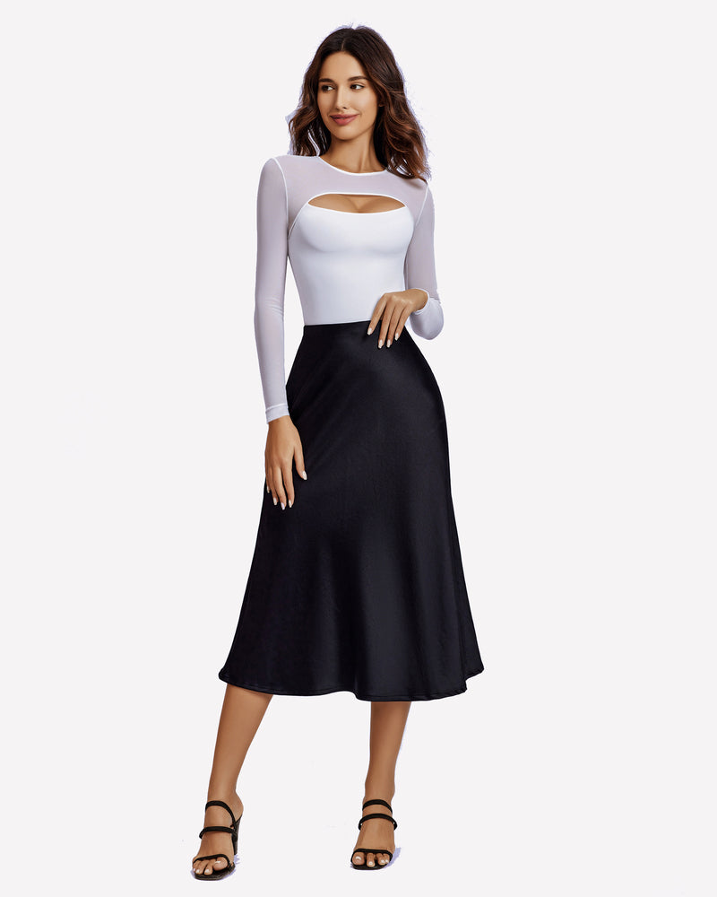 Gray long-sleeve bodysuit with oval chest cutout, worn with black skirt