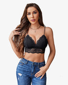 Black lace bralette V-neck tank with scalloped edges and thin adjustable straps
