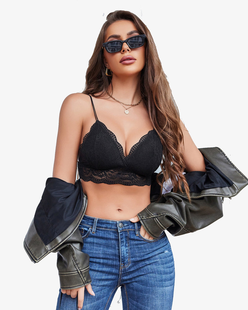 Black lace V-neck bralette tank with scalloped lace trim and thin straps