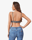Grey-blue lace bralette tank back view with thin adjustable straps