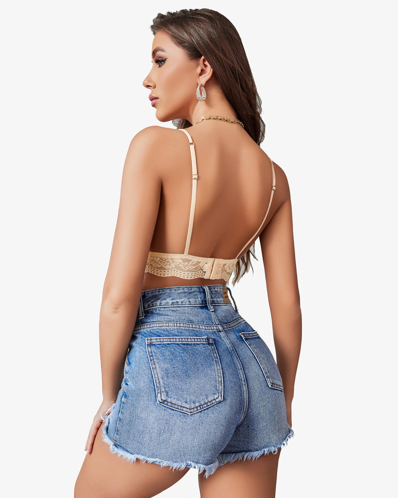 Champagne lace bralette tank back view with thin adjustable straps