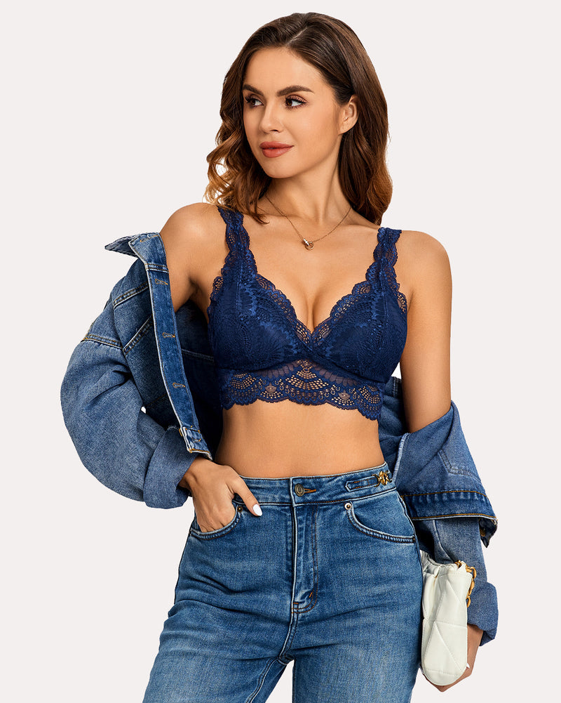 Navy blue lace deep-plunge bralette bra, lined cups with scalloped edges and thin straps