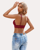 Dark red lace bralette bra with V-back straps, lined cups and scalloped lace band