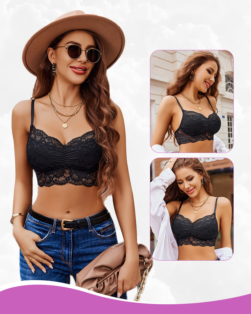 Black lace V-neck crop cami tank top with scalloped trim and spaghetti straps