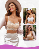 Beige lace V-neck crop cami with thin straps and scalloped lace trim