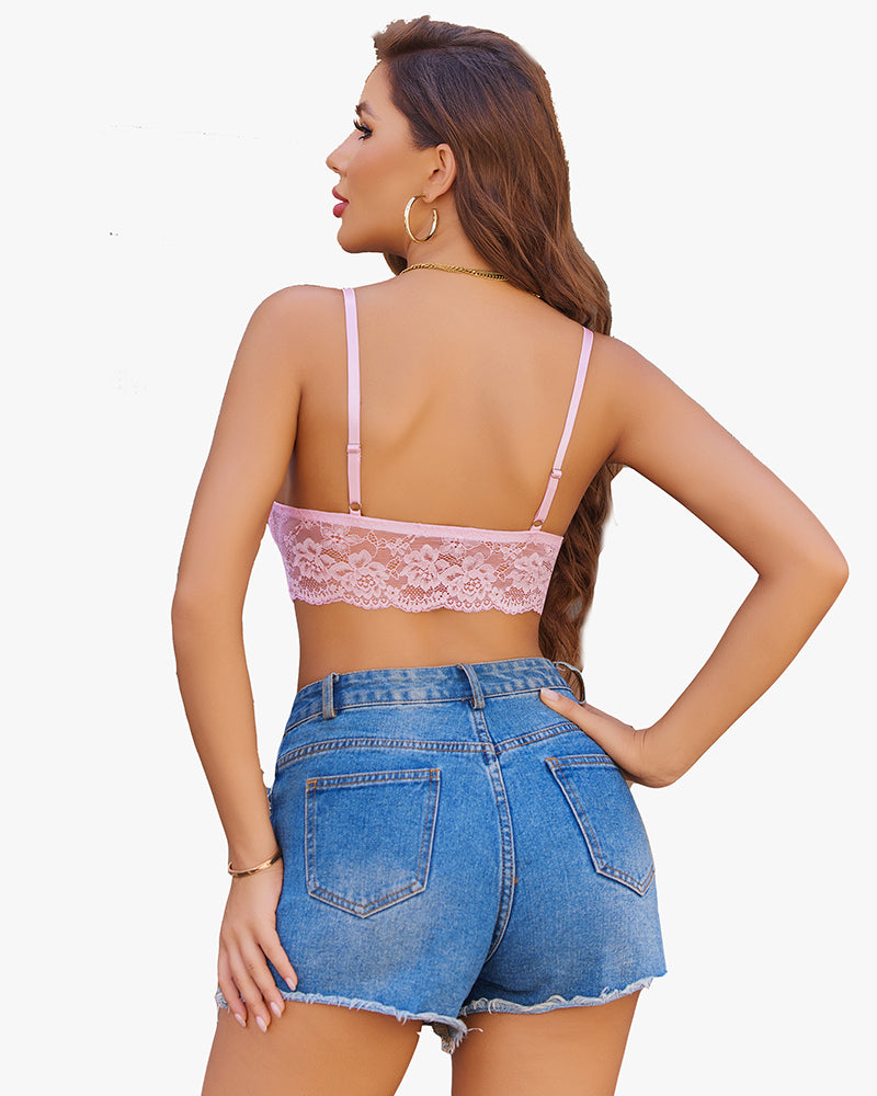 Light pink lace V-neck crop cami tank top with scalloped trim and spaghetti straps