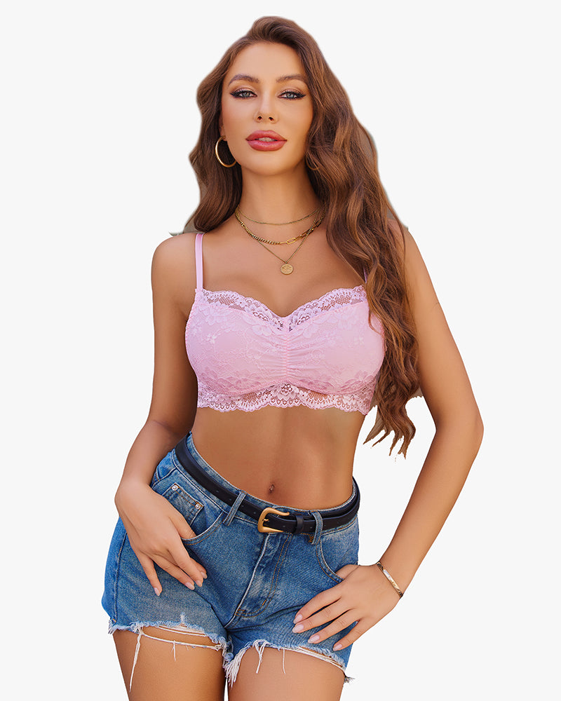 Blush pink lace V-neck crop cami tank top with scalloped trim and spaghetti straps