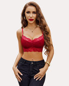 Wine red lace V-neck crop cami with thin straps and scalloped lace trim