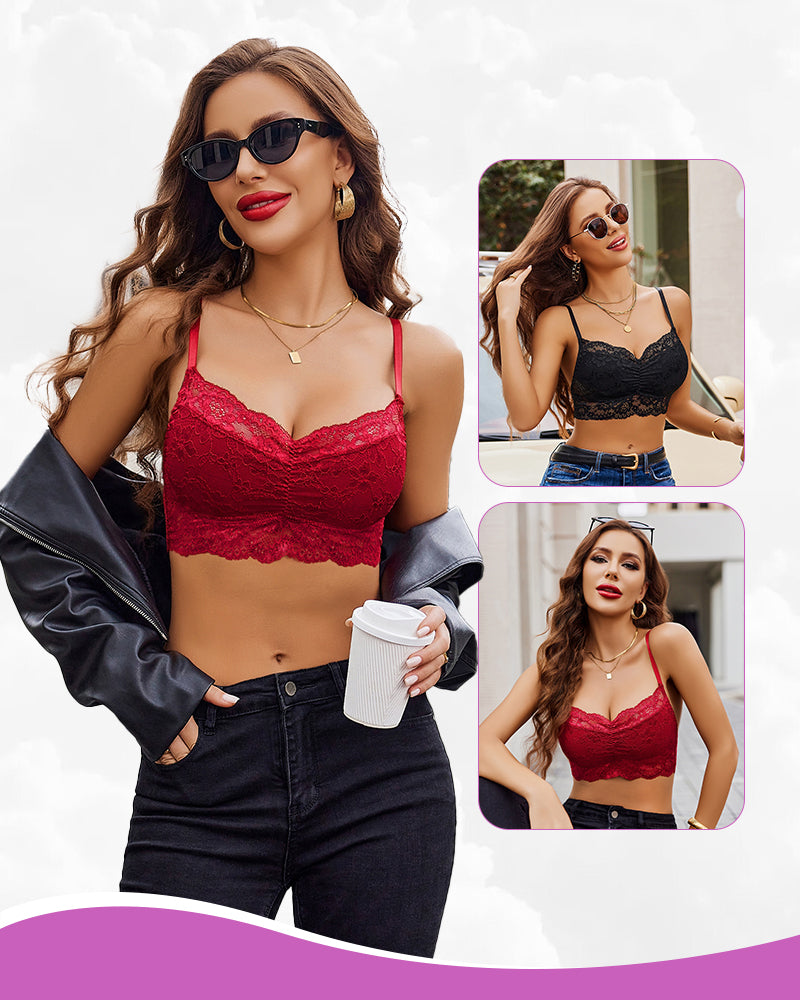 Wine red lace V-neck crop cami tank top with scalloped trim and spaghetti straps