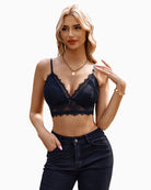 Black lace bralette crop top with double-layer cups and V-neck lace design, adjustable straps