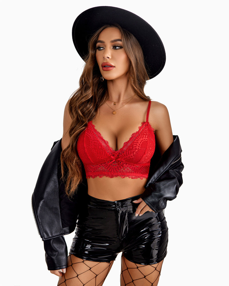 Red lace bralette crop top with double-layer cups and scalloped V-neck lace trim, adjustable straps