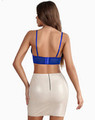 Blue lace bralette crop top, back view with adjustable spaghetti straps