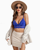Blue lace bralette crop top with double-layer cups and scalloped trim, adjustable straps
