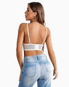 White lace bralette crop top, back view with thin adjustable straps
