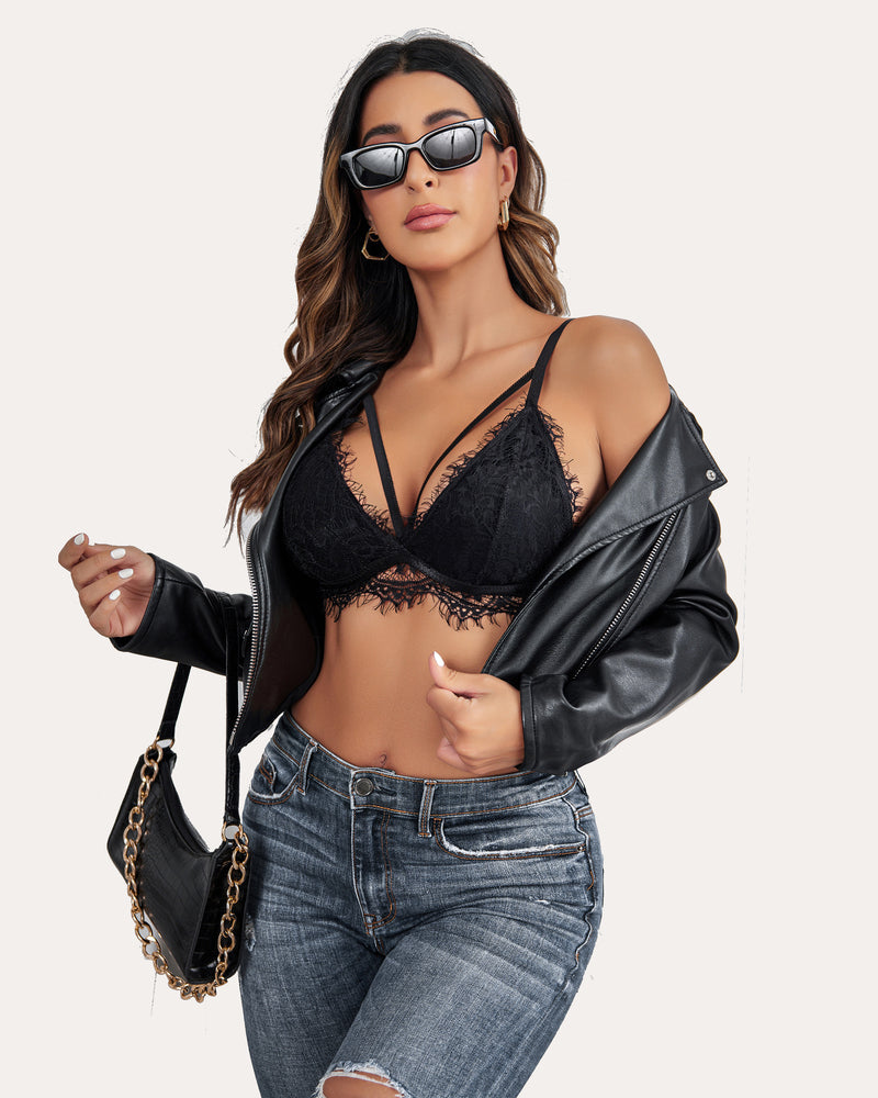 Black lace bralette with lace triangle cups and scalloped trim along the band