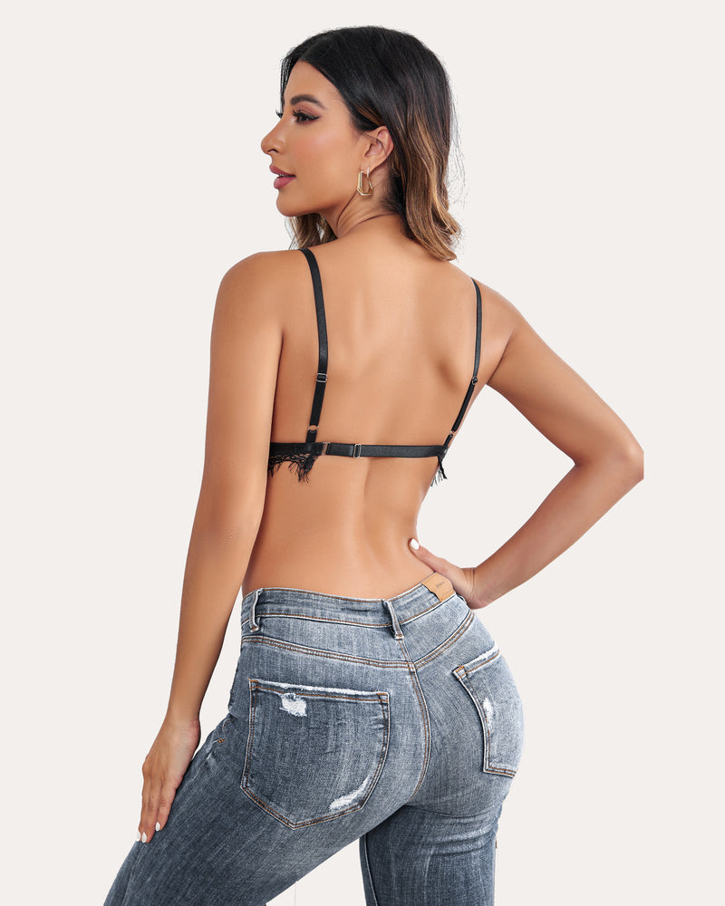 Black lace bralette back view with adjustable straps and scalloped lace trim