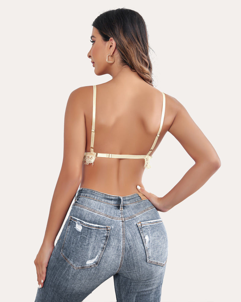 Beige lace bralette back view with adjustable straps and lace scalloped detailing