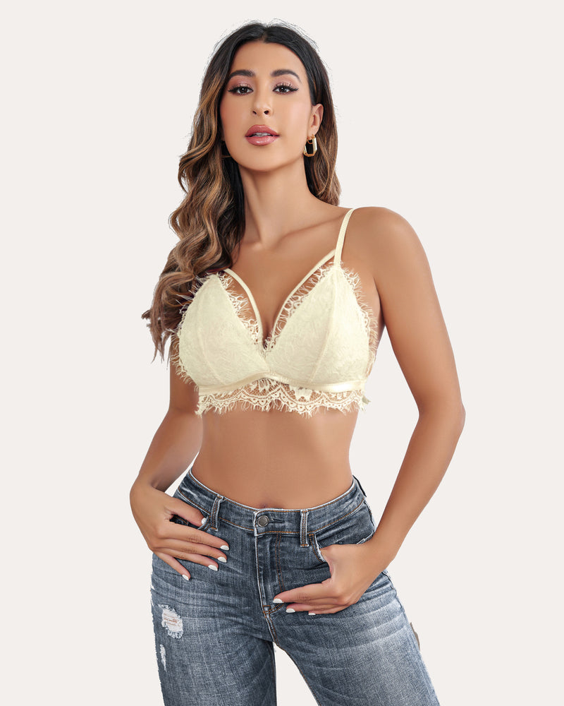 Beige lace bralette with V-neck and scalloped lace trim, adjustable thin straps