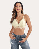 Beige lace bralette with V-neck and scalloped lace trim, adjustable thin straps