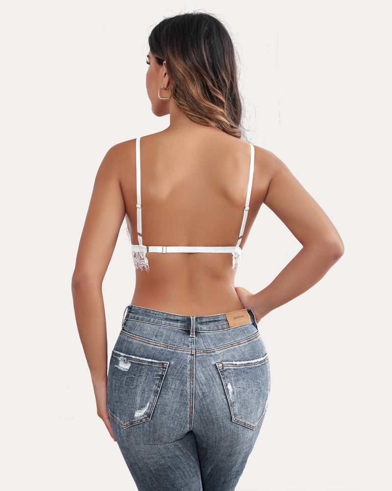 White lace bralette back view with crisscross straps and adjustable closure