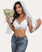 White lace bralette with V-neck, scalloped edges, and sheer mesh side panels