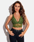 Lace bralette crop top, V-neck racerback, green lace