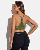 Green lace racerback crop bralette with open back, lace overlay, and scalloped hem