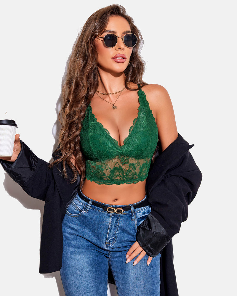 Green lace V-neck racerback crop bralette with scalloped cups and delicate lace trim