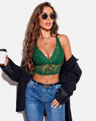 Green lace V-neck racerback crop bralette with scalloped cups and delicate lace trim