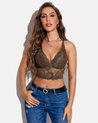 Brown lace V-neck racerback crop bralette with scalloped cups and lace back straps