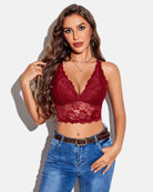 Lace bralette crop top, V-neck racerback, burgundy lace
