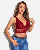 Dark red lace V-neck racerback crop bralette with scalloped cups and lace overlay