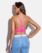 Pink lace racerback crop bralette with open back, lace straps, and scalloped hem