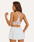 White lace V-neck racerback crop bralette with scalloped trim and back crisscross straps