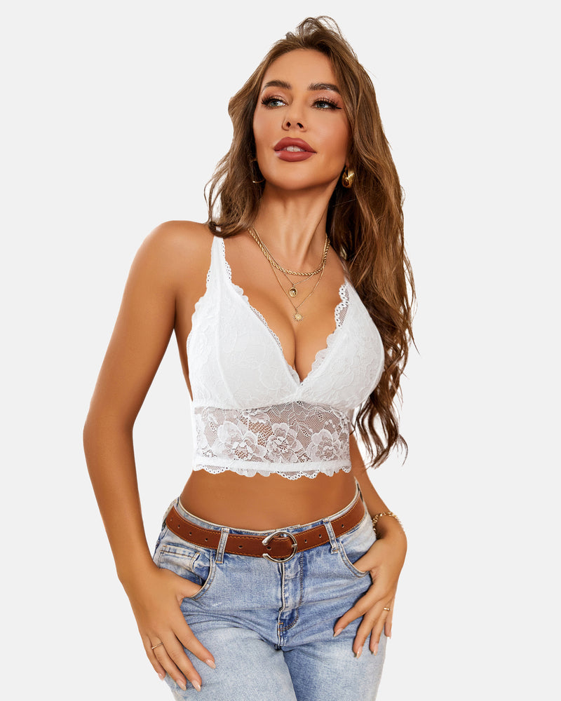 Lace bralette crop top, v-neck racerback, white lace