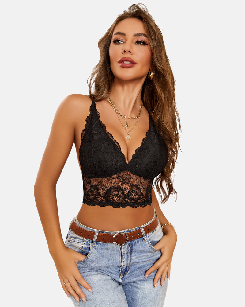 Lace bralette crop top, V-neck racerback, black lace