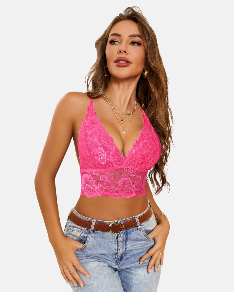 Lace bralette crop top, v-neck racerback, hot pink lace