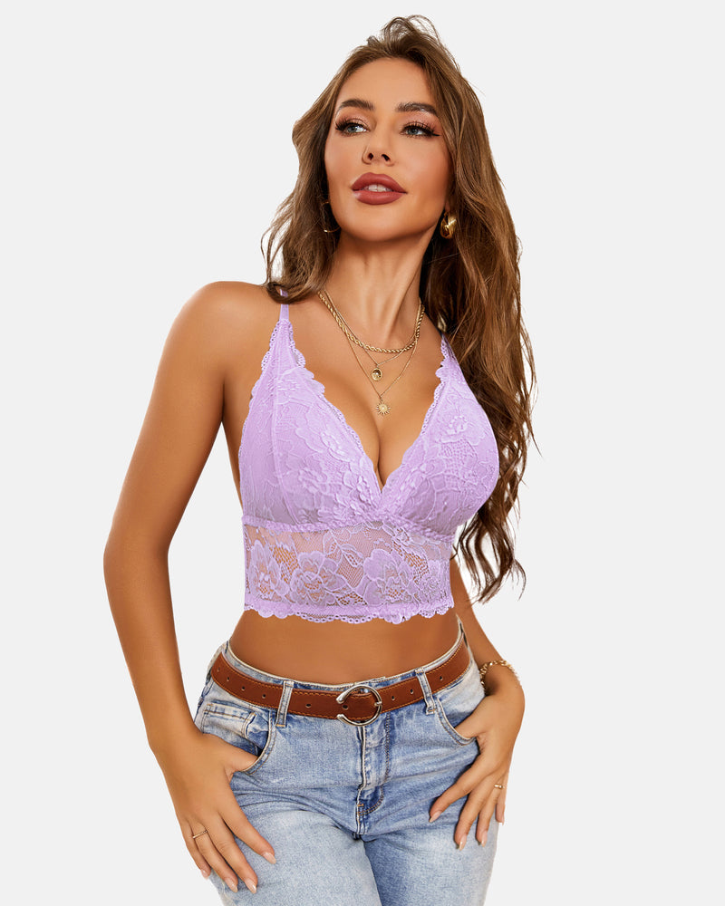 Lace bralette crop top, v-neck racerback, light purple lace