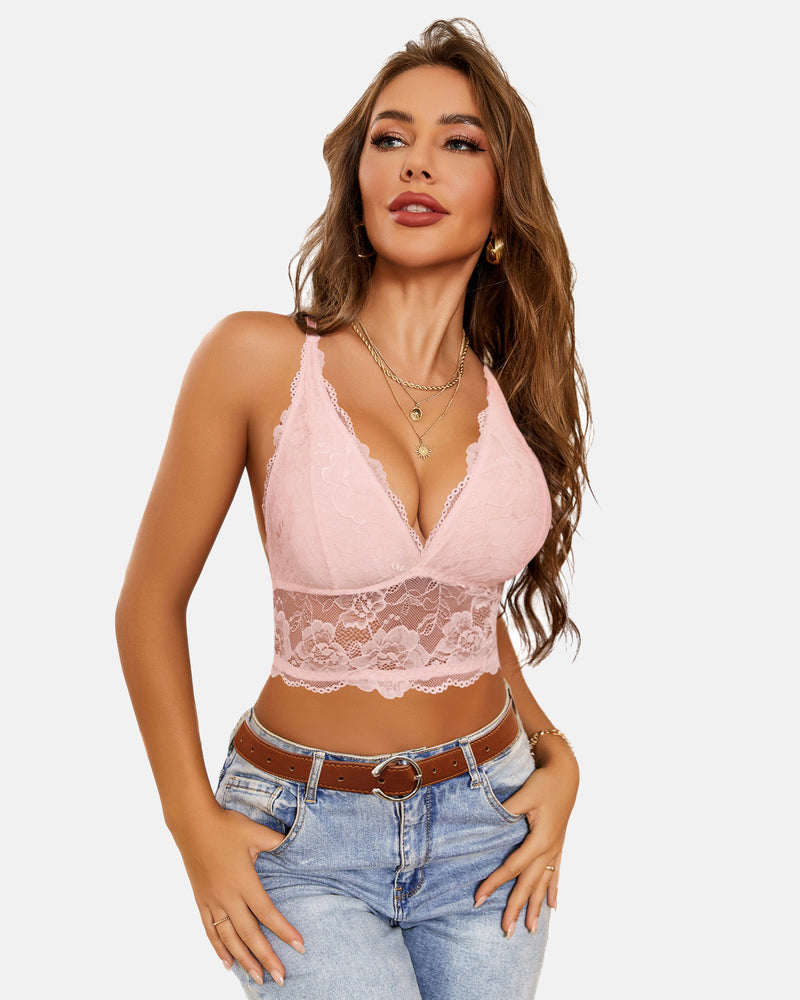 Lace bralette crop top, v-neck racerback, pale pink lace