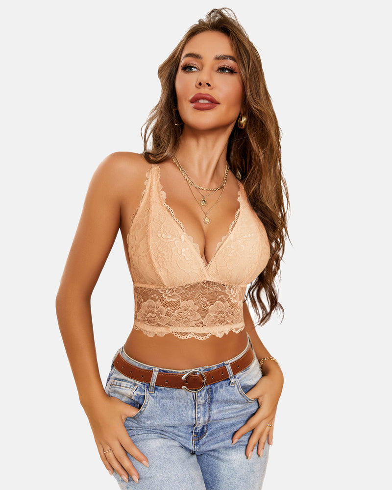 Lace bralette crop top, v-neck racerback, nude beige lace